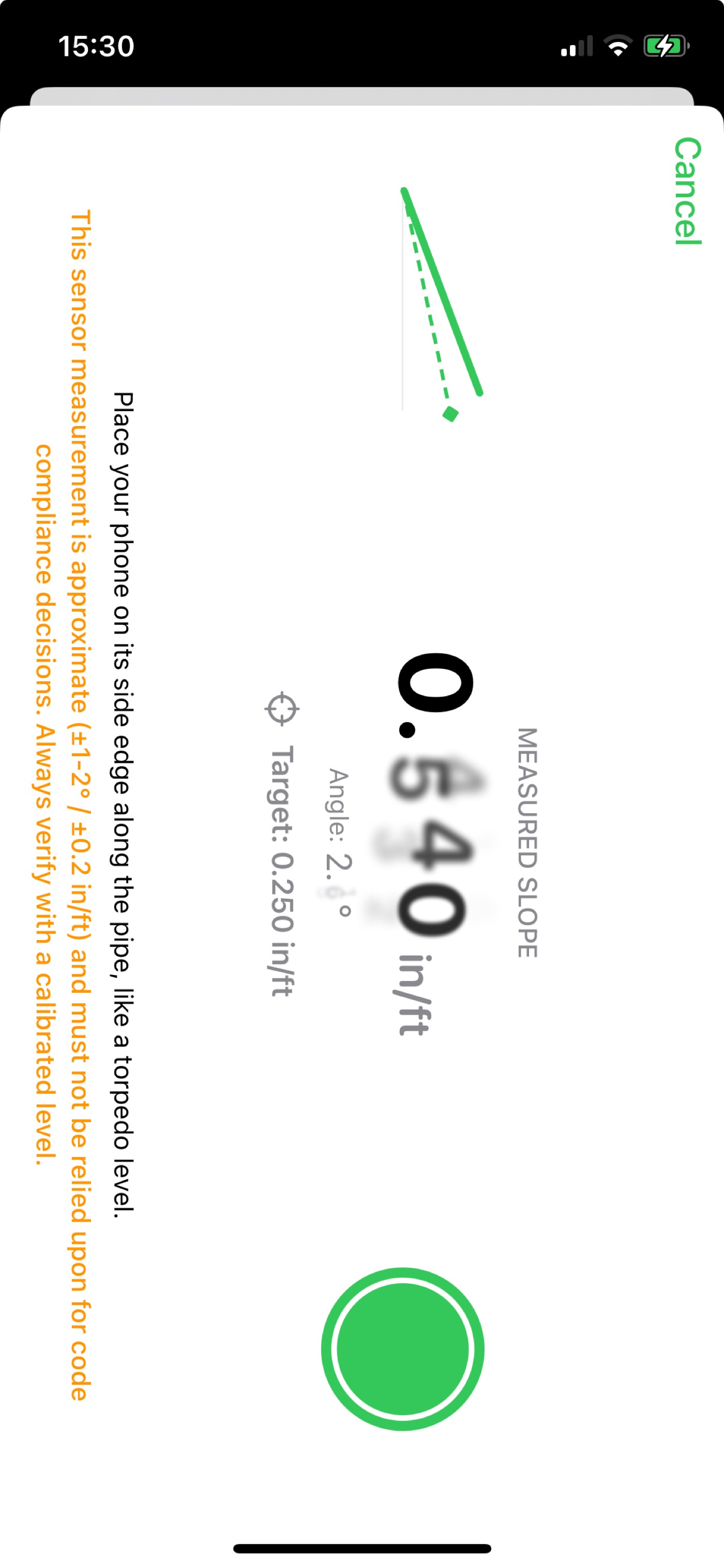 iPhone lying on its side edge in measure mode reading pipe slope like a digital torpedo level