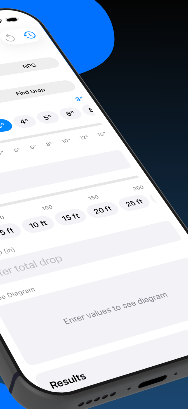 Find Drop mode calculating total drop for a drainage pipe with length presets