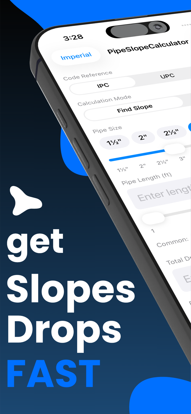 Pipe Slope Calculator app home screen with IPC code selected and Find Slope mode